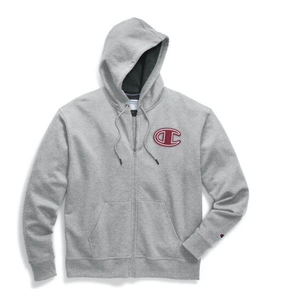 Champion Powerblend Fleece Zip Hoodie * Grey, Chainstitch Outline C Logo MSs42 - Picture 1 of 3
